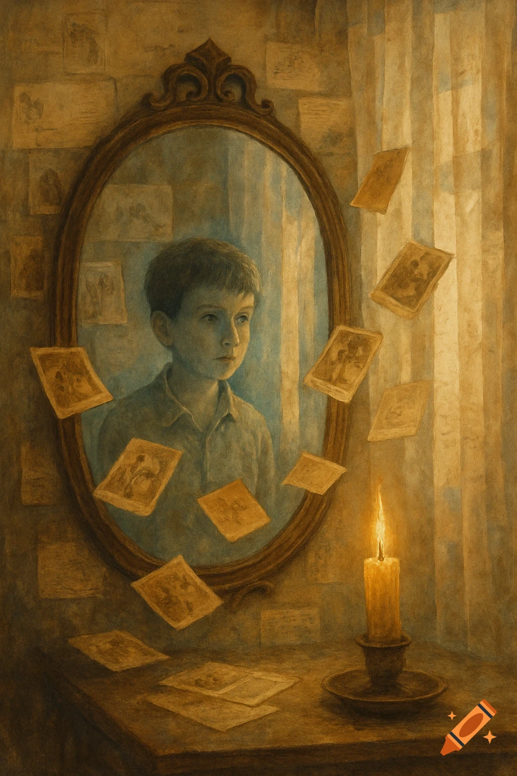 A melancholic painting of a young boy reflected in an ornate mirror, surrounded by floating old photos and a lit candle on a table.