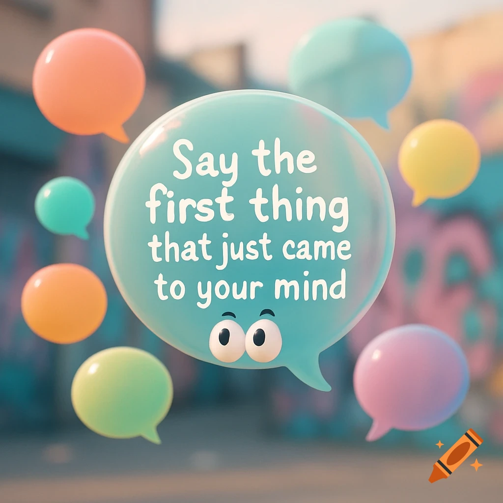 A large teal speech bubble with cartoon eyes and text 'Say the first thing that just came to your mind,' surrounded by smaller colorful speech bubbles in a cheerful 3D style.