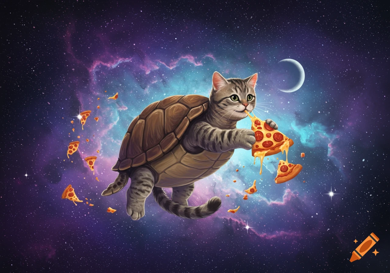 A whimsical cat-turtle hybrid floats in a vibrant galaxy, happily eating a slice of pepperoni pizza as other slices drift around it, under a crescent moon.