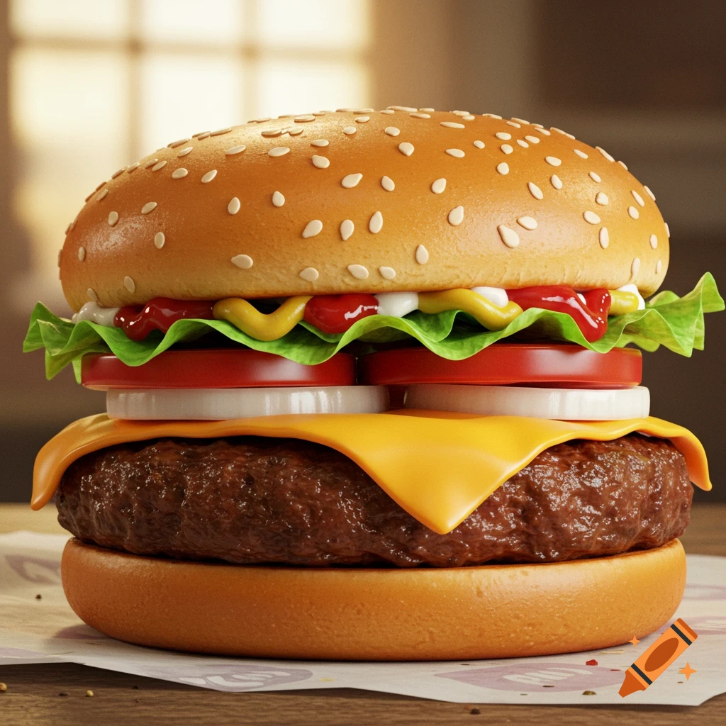 A detailed, photorealistic hamburger with sesame bun, beef patty, melted cheese, lettuce, tomato, onion, ketchup, mustard, and mayo.