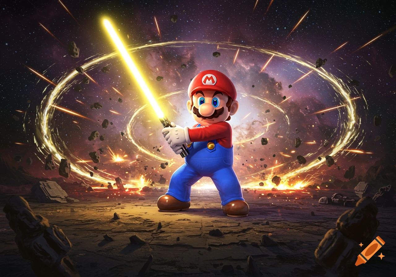 Mario in a red cap and blue overalls, wielding a glowing yellow lightsaber in a dynamic space battlefield filled with asteroids and explosions.