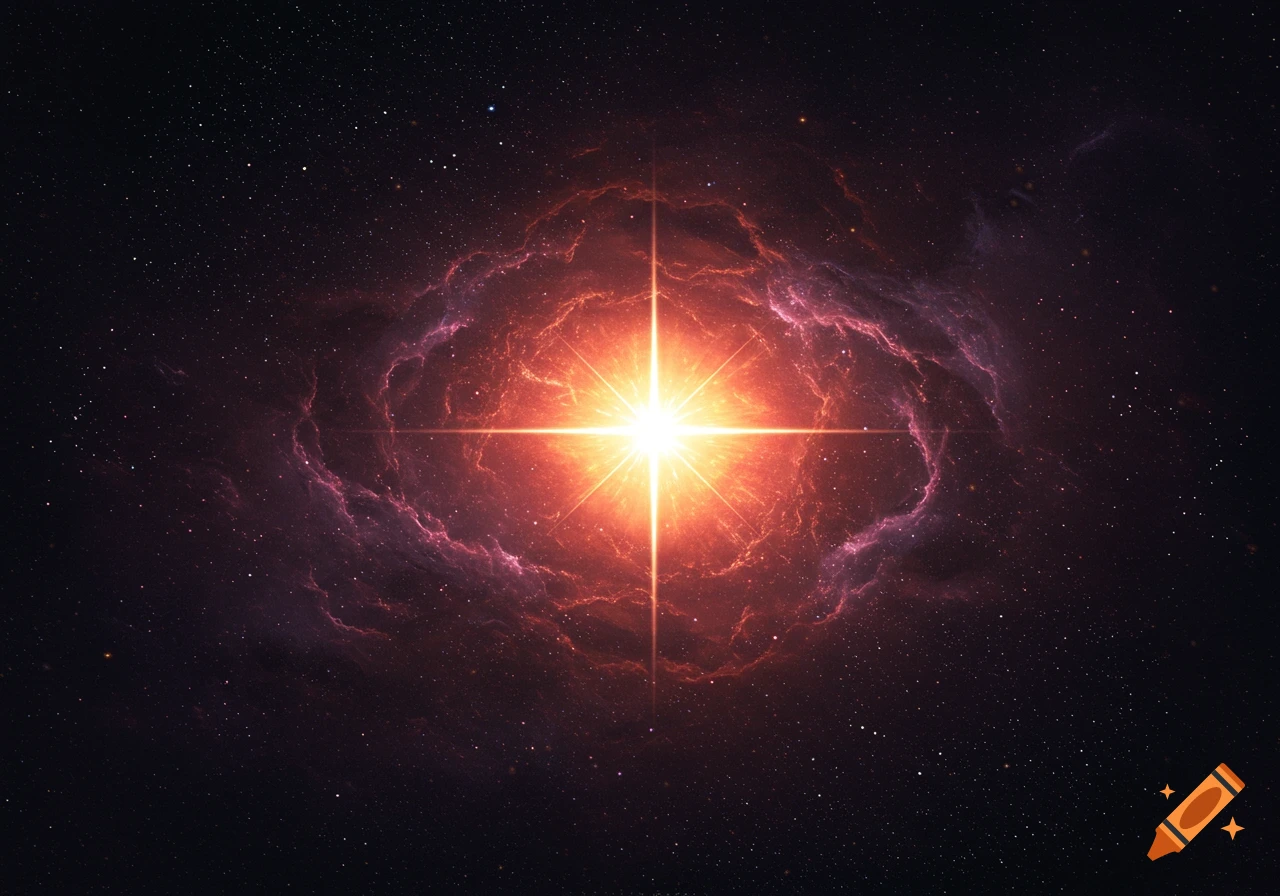 A brilliant, glowing star at the center of a cosmic nebula, surrounded by red and purple gas clouds and countless distant stars.