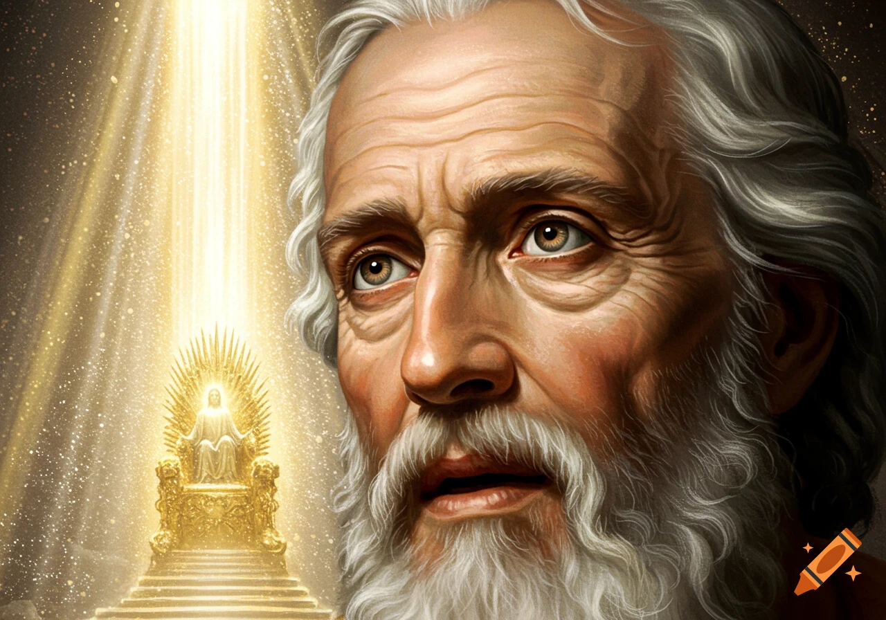 Close-up of an old, wide-eyed man with white hair and beard, looking at a glowing figure on a golden throne bathed in bright light.