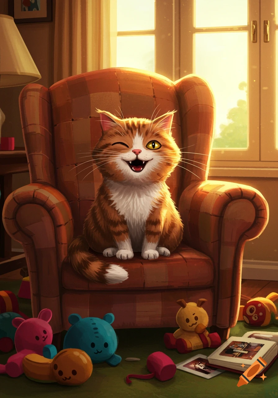 A happy, winking orange and white tabby cat sits on a plaid armchair, smiling broadly in a cozy, sunlit room with toys on the floor. Illustrated style.