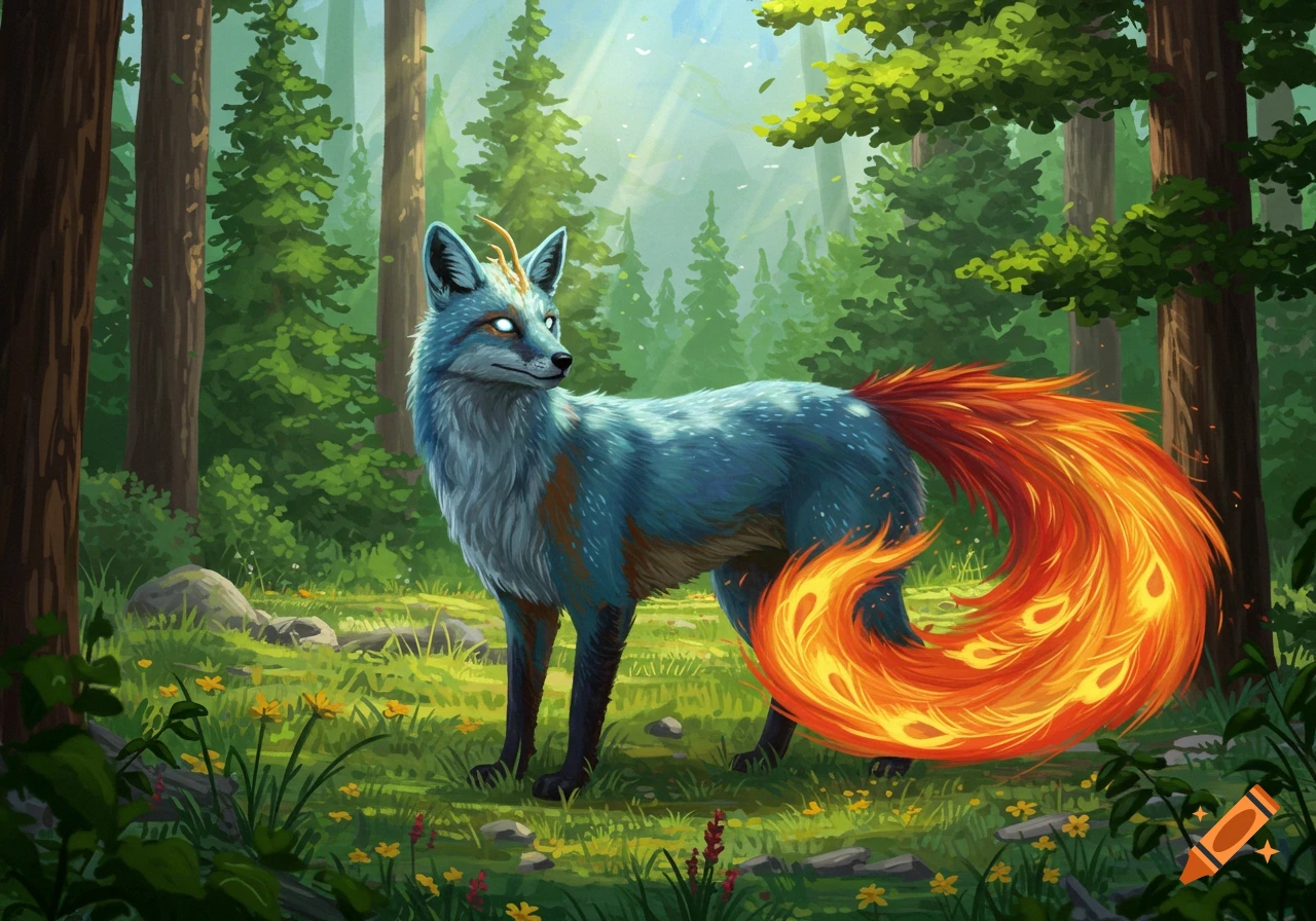 A blue-furred, fox-like creature with a vibrant, fiery phoenix tail and glowing eyes stands in a sunlit forest.