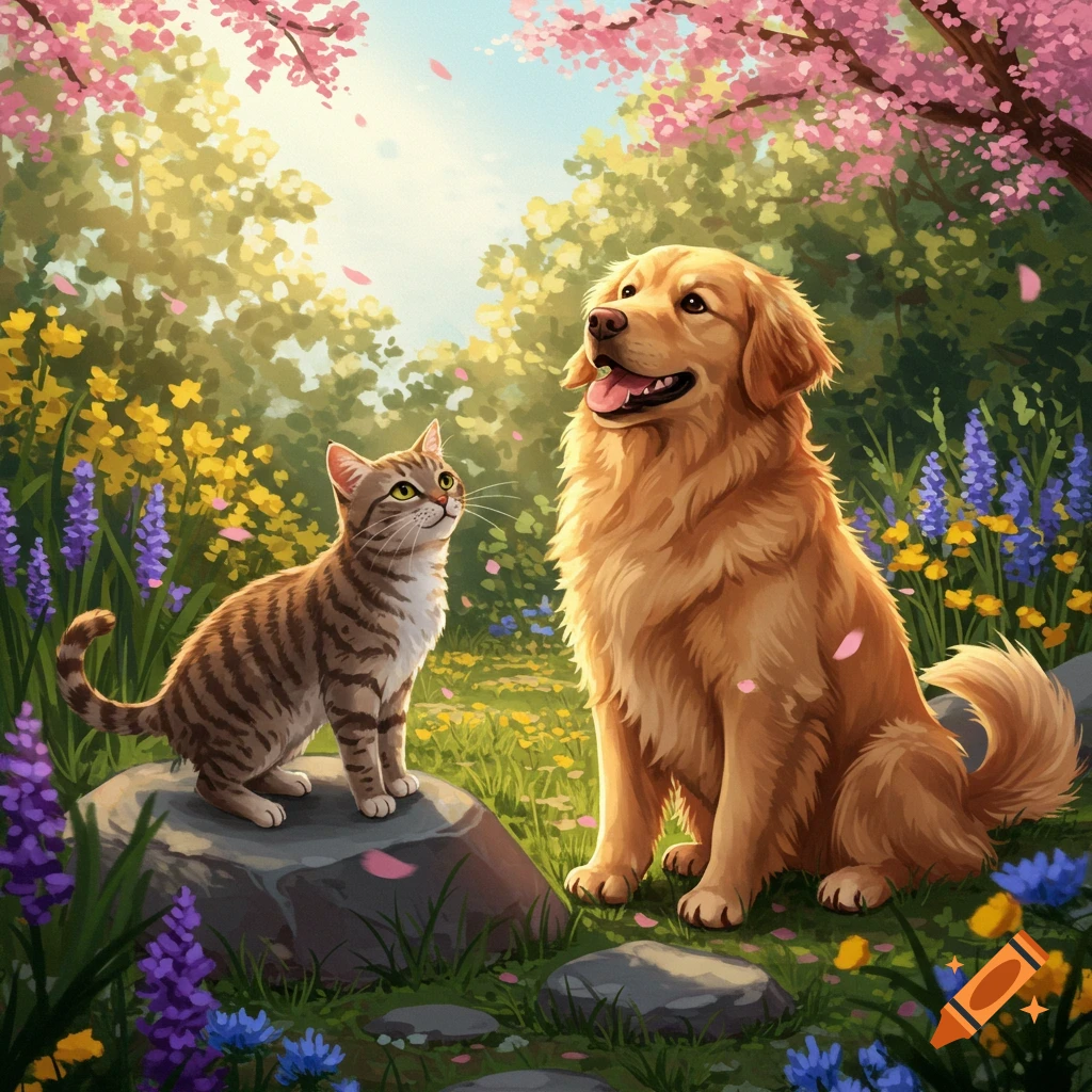 A golden retriever and a tabby cat sit among purple and yellow flowers under blooming pink trees, looking upwards in a bright, illustrative style.