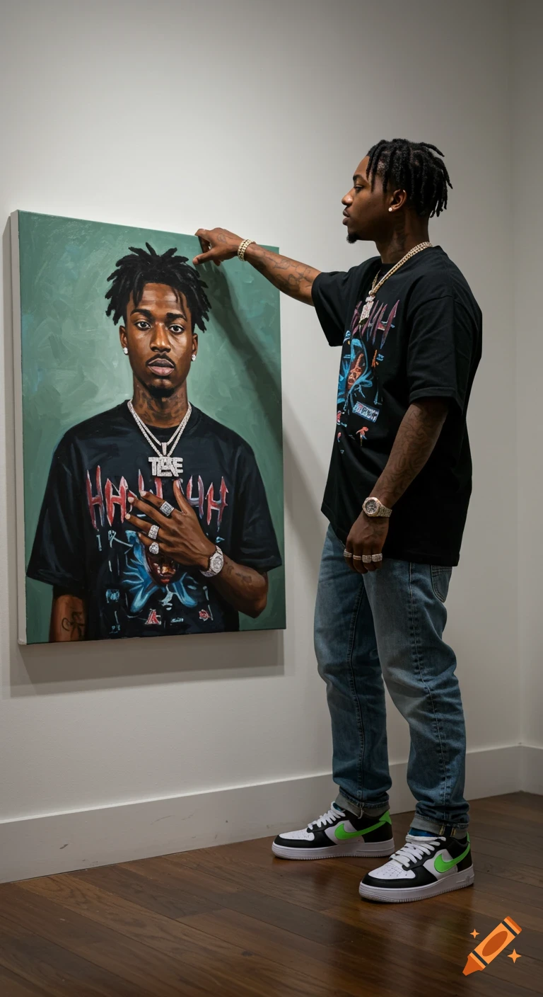 A stylish man in a black t-shirt, jeans, and sneakers, standing in an art gallery, looking at a lifelike portrait of himself.