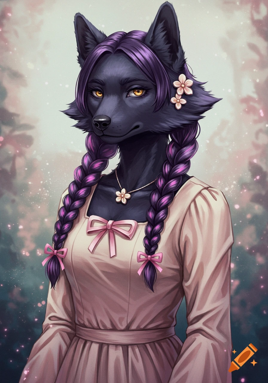 Anthro black wolfdog woman with purple braided hair, gold eyes, wearing a light-colored dress with a pink bow, a flower necklace, and flower earrings, against a blurred background.