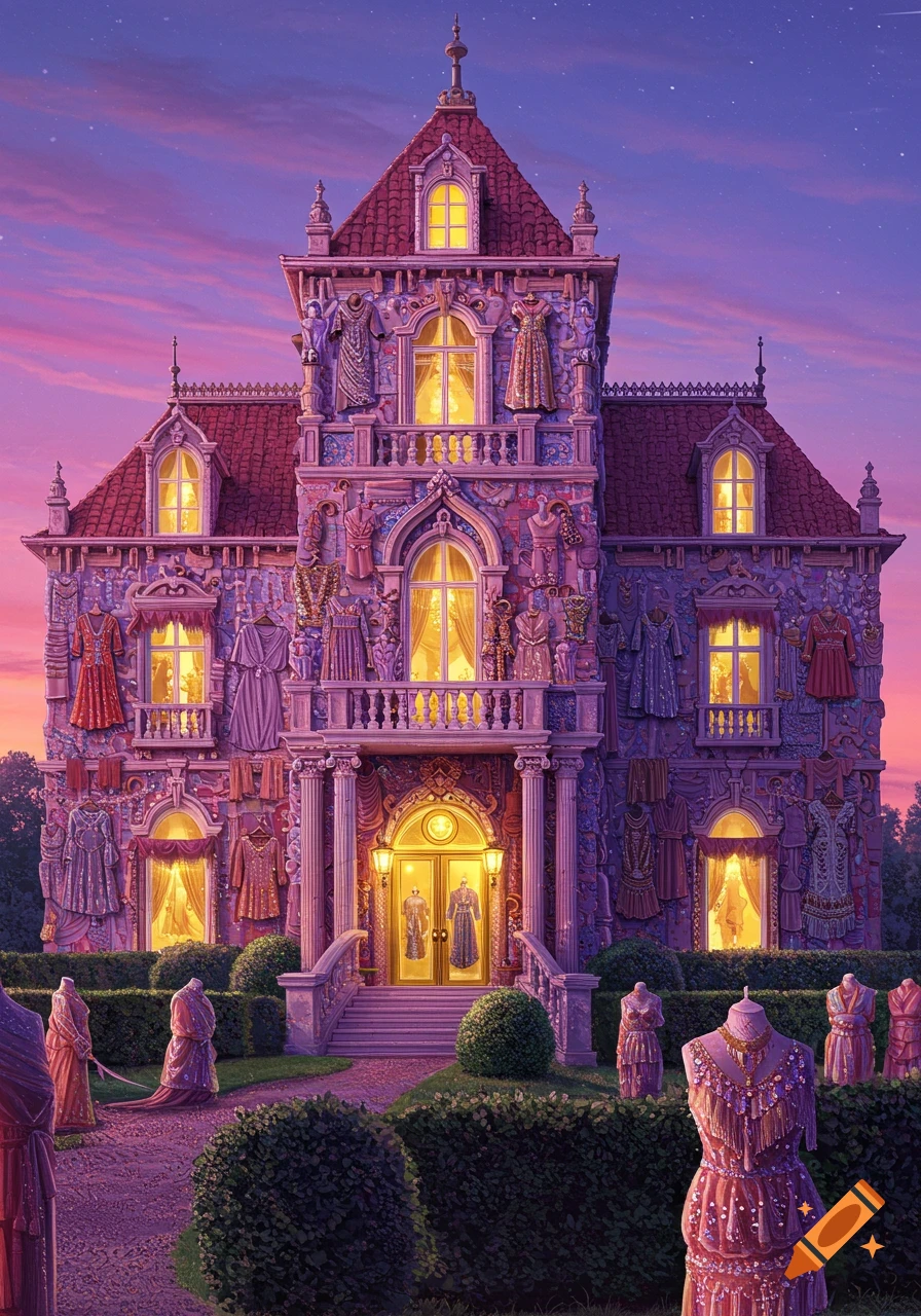 A whimsical mansion adorned with intricate dresses and fabric, glowing windows, under a twilight sky, with dressed mannequins in the garden.