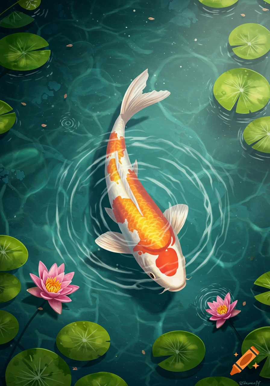 A white and orange koi fish swims in a teal pond with green lily pads and pink lotus flowers, illustrated from an overhead view.