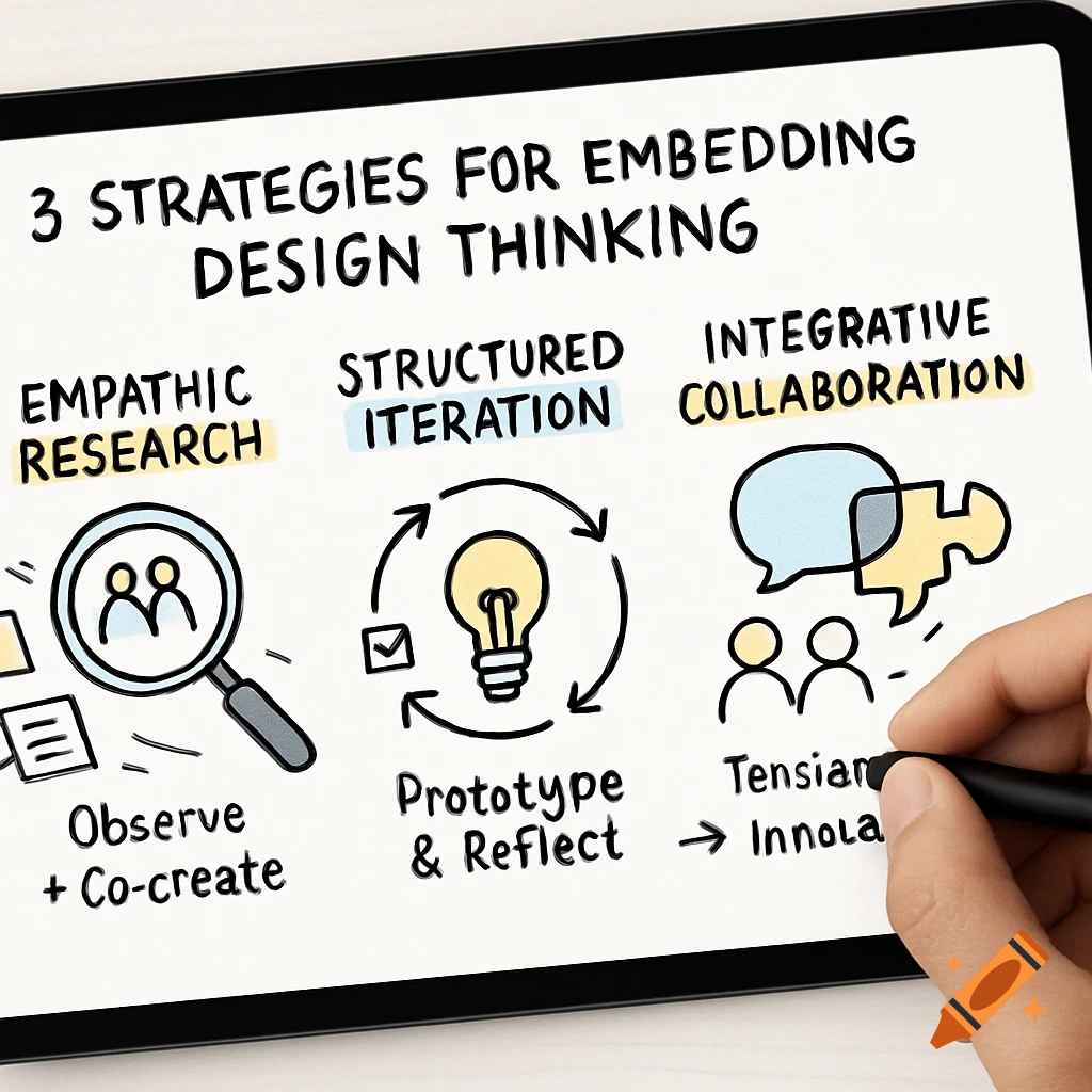 Digital hand-drawn diagram on a tablet illustrating '3 Strategies for Embedding Design Thinking' with icons and text.