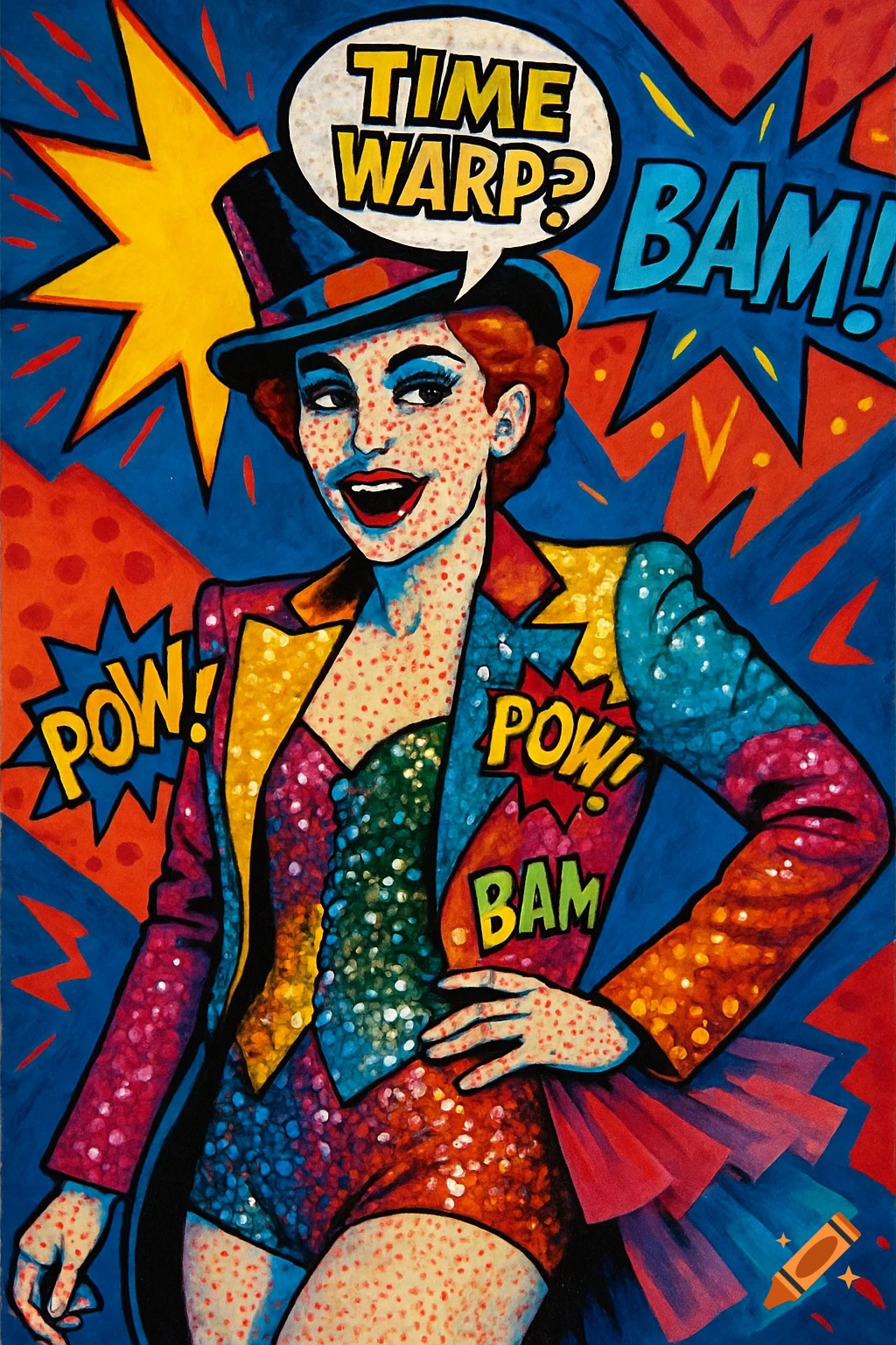 A pop art illustration of a woman in a sparkly, colorful Vaudeville costume and top hat, with comic sound effects.