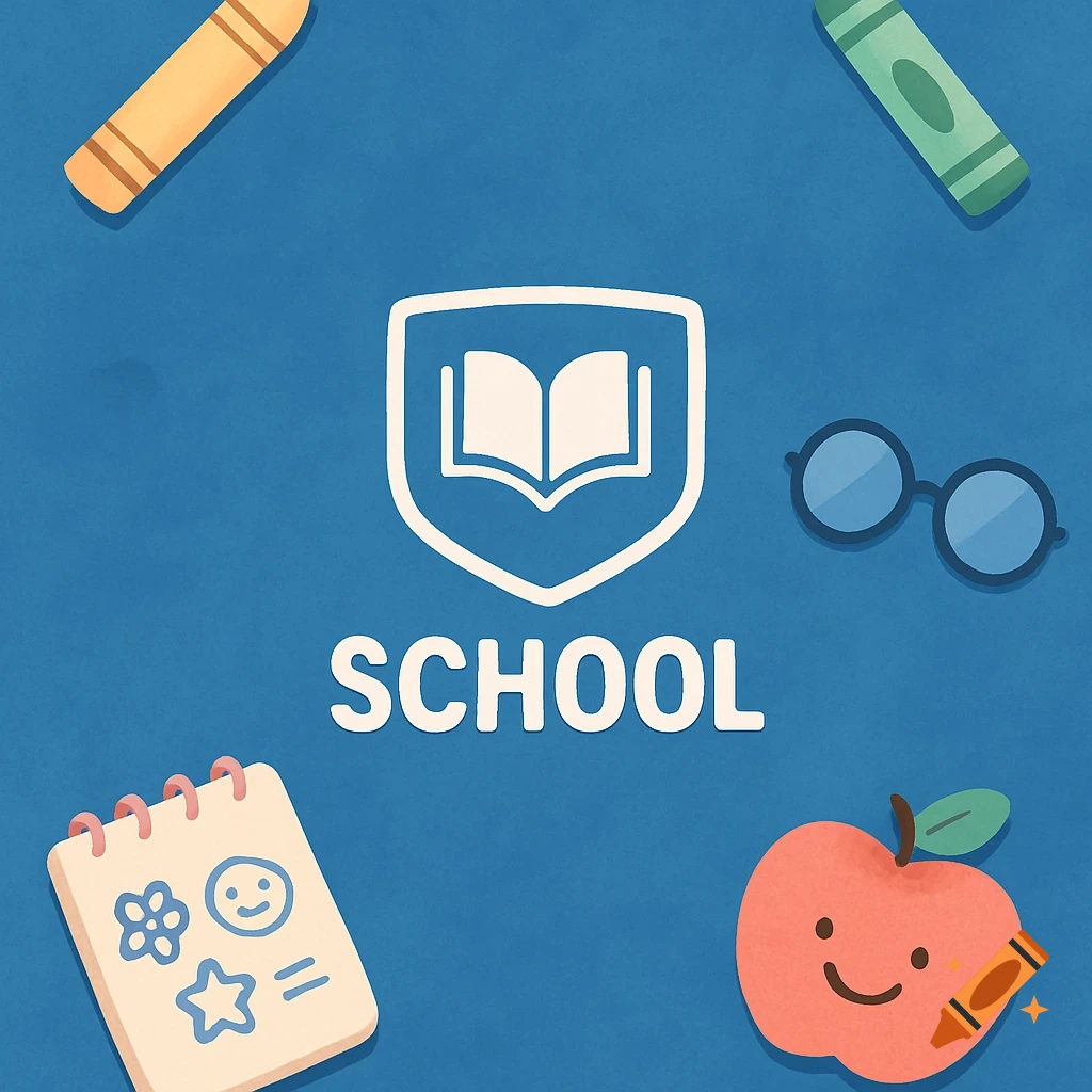 Cartoon school supplies including a book logo, crayons, glasses, notepad with doodles, and a smiling apple on a blue background.