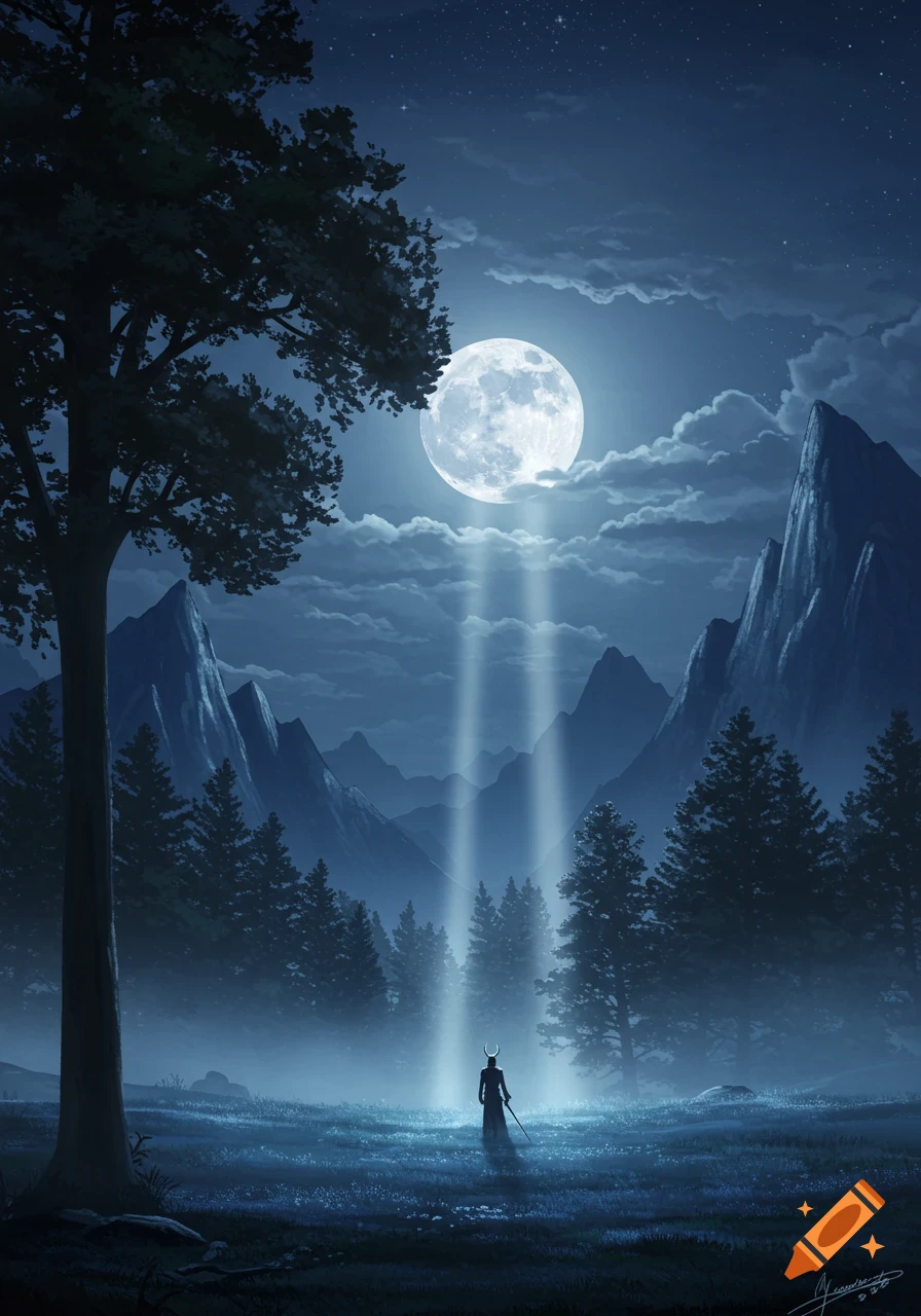 A full moon illuminates a lone horned figure with a sword standing in a misty forest clearing surrounded by mountains, digital art.