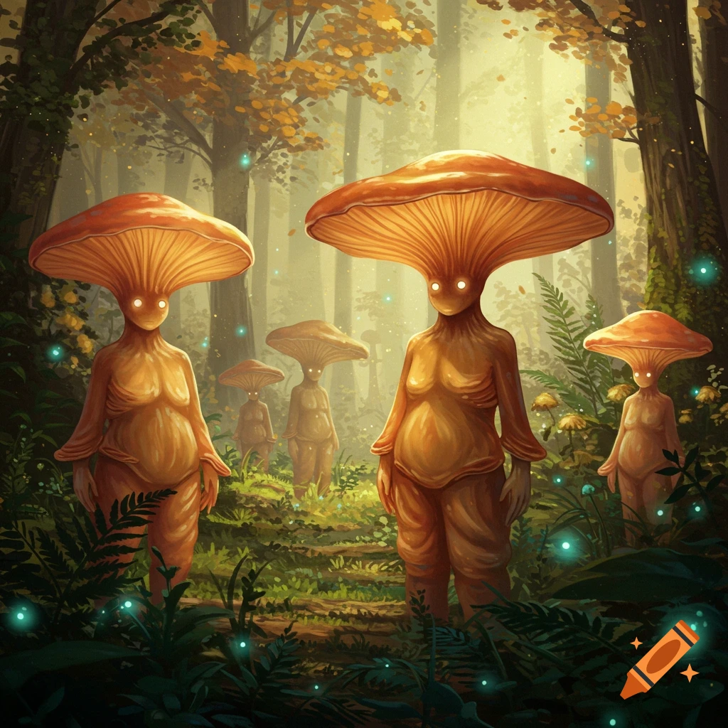 Mushroom-headed humanoid creatures with glowing eyes stand in an enchanted autumnal forest with glowing lights, digital painting.
