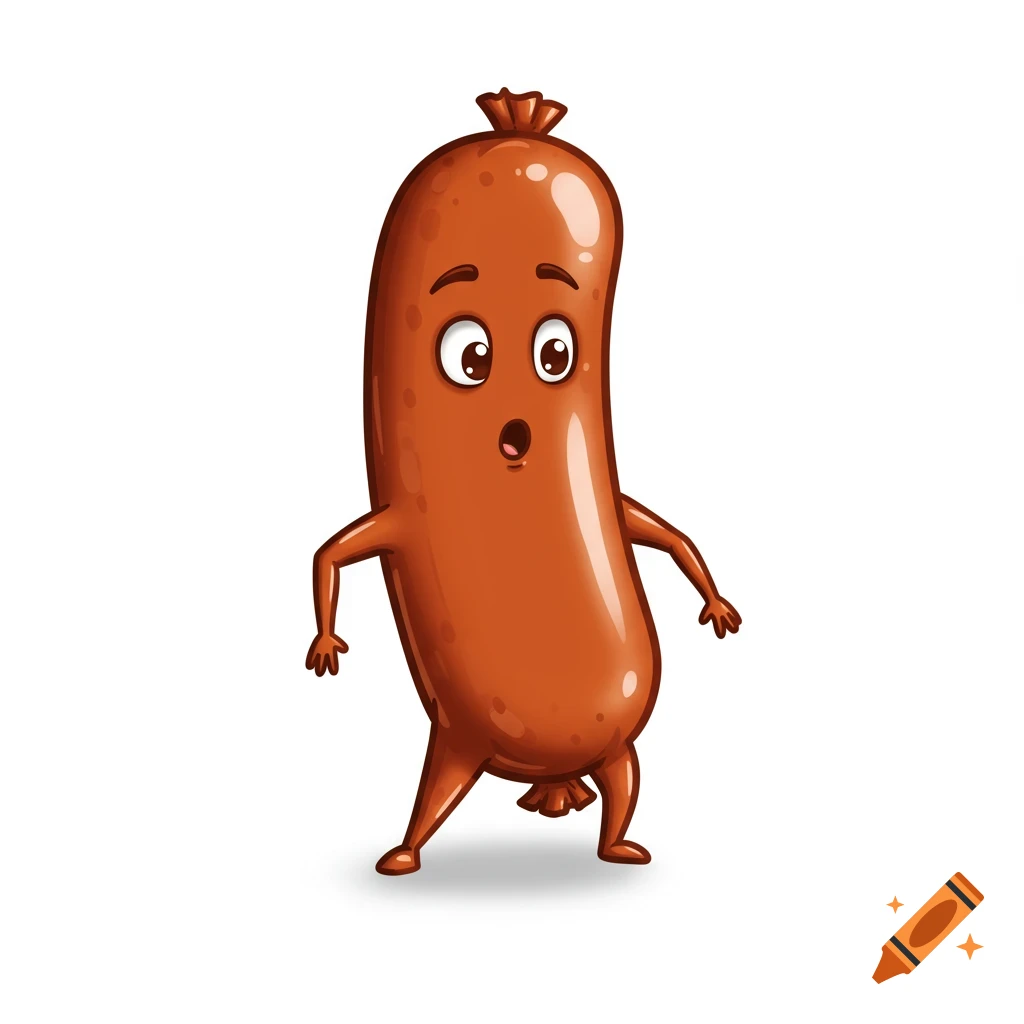 Cartoon sausage character with wide eyes and open mouth, looking surprised, on a white background.