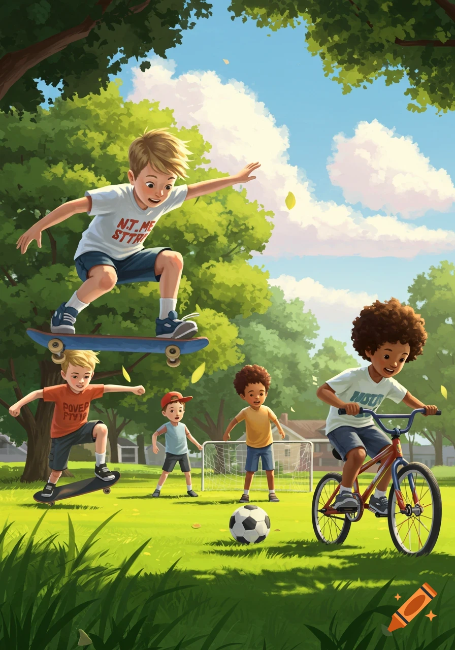 Illustrated scene of boys playing outdoors, with one skateboarding, two playing soccer, and another riding a bike in a park.