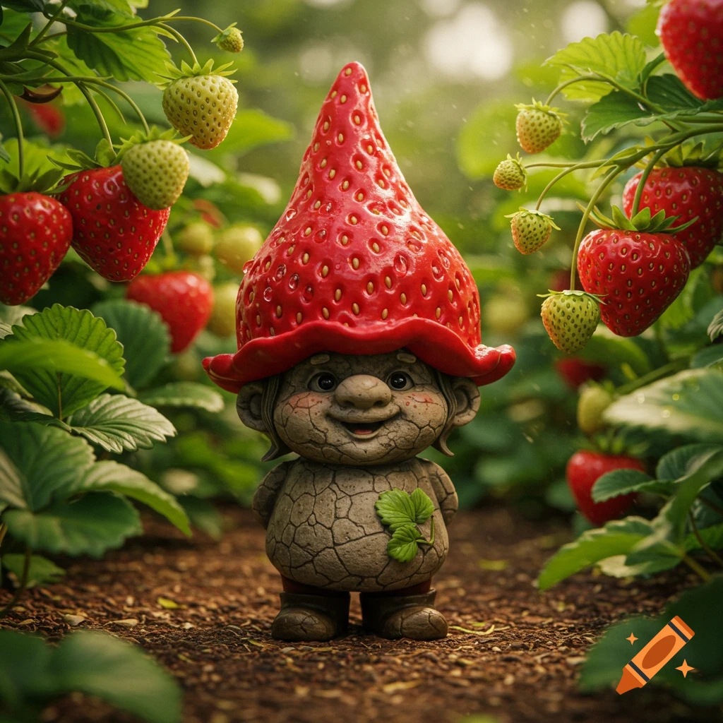 A whimsical stone-textured gnome with a large red strawberry hat stands in a lush strawberry patch, holding a clover leaf.