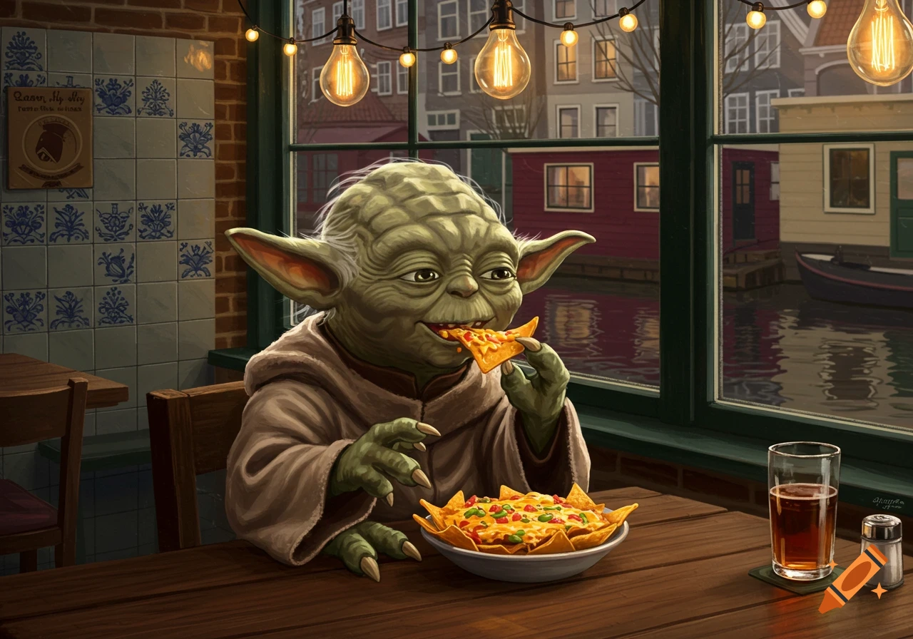 Yoda in a brown robe sits at a wooden table eating nachos with a drink, by a window overlooking a canal and buildings in a detailed illustration.
