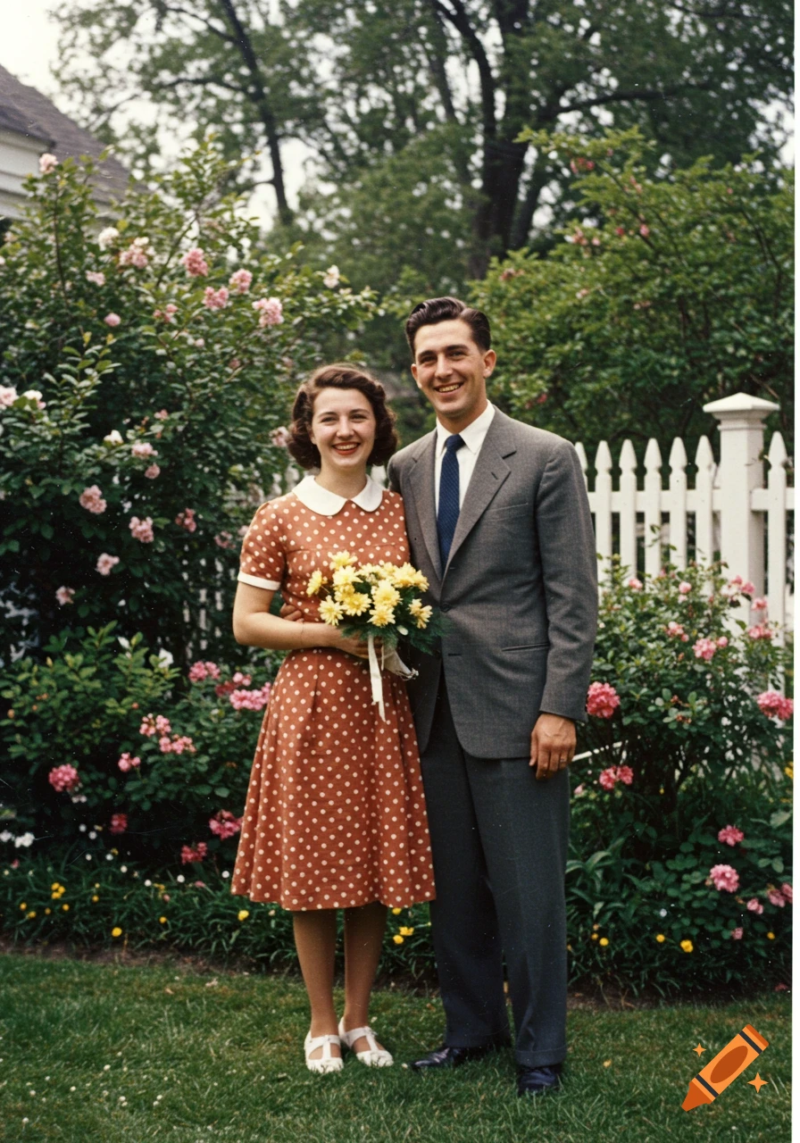 A smiling man and woman, dressed in vintage attire, stand arm-in-arm in a garden with blooming bushes and a white picket fence.