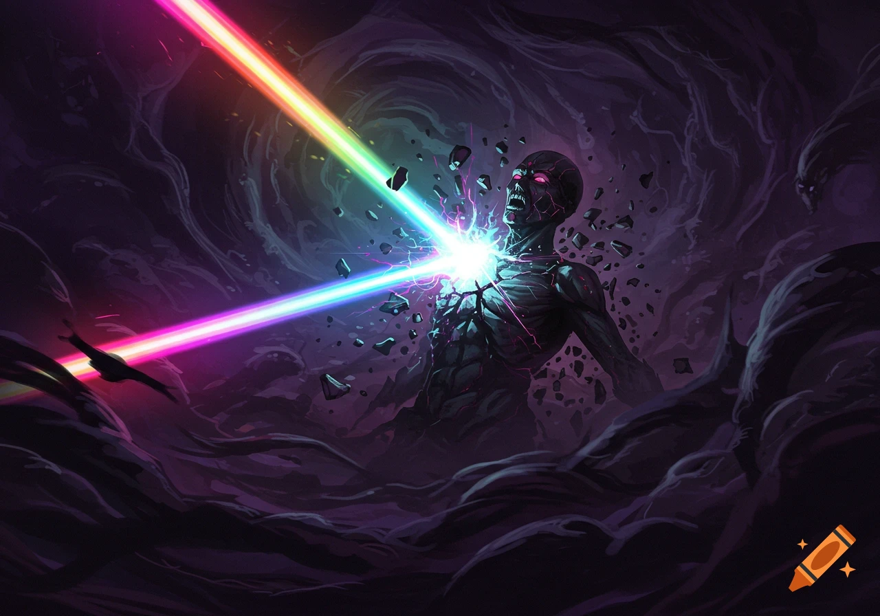 A dark humanoid entity with glowing red eyes is struck in the chest by multi-colored laser beams, shattering into pieces in a swirling void, digital art.