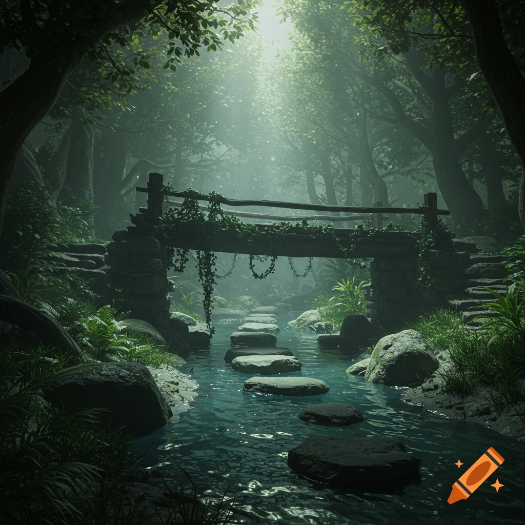 Mystical forest scene with sun rays filtering through trees, a winding stream with stepping stones, and a vine-covered stone bridge.