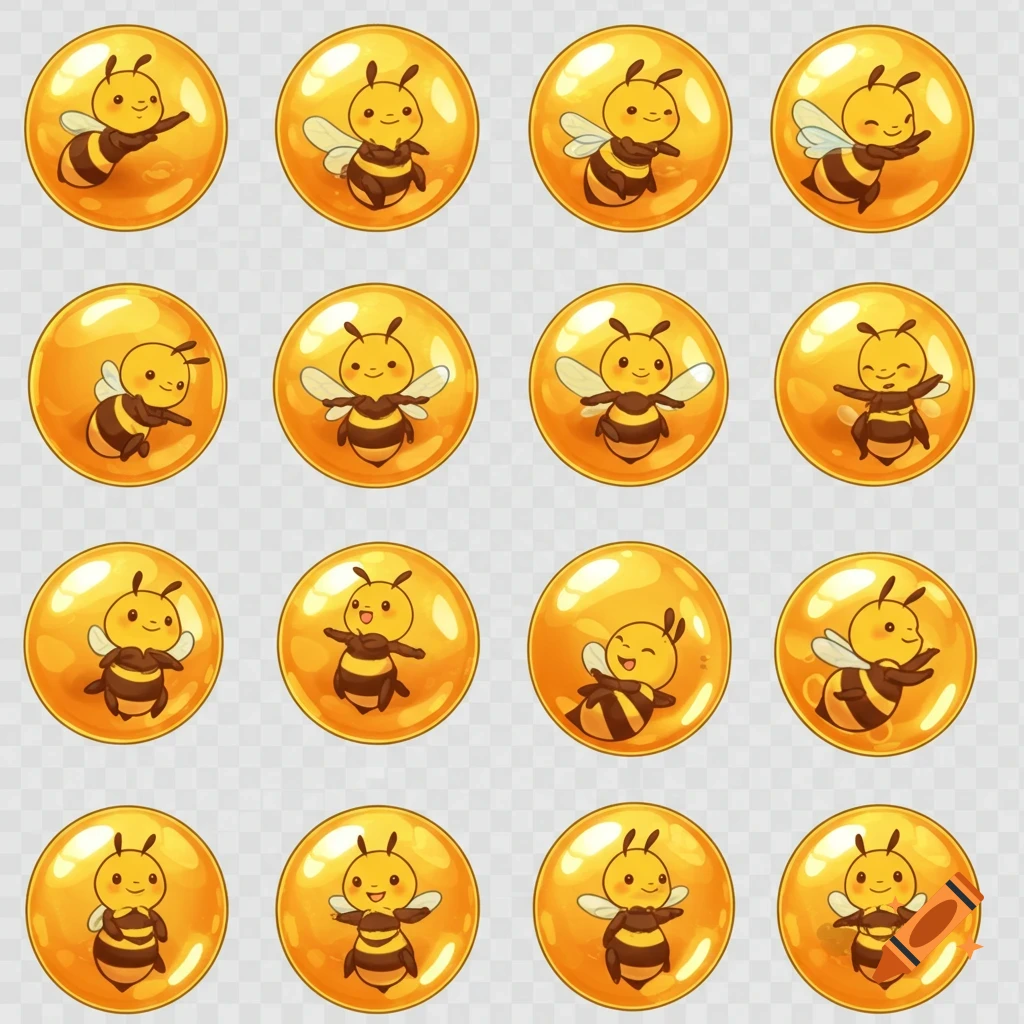A 2D sprite sheet with 16 frames of cute chibi bees in glossy, translucent honey bubbles, showing various floating and rotating poses.