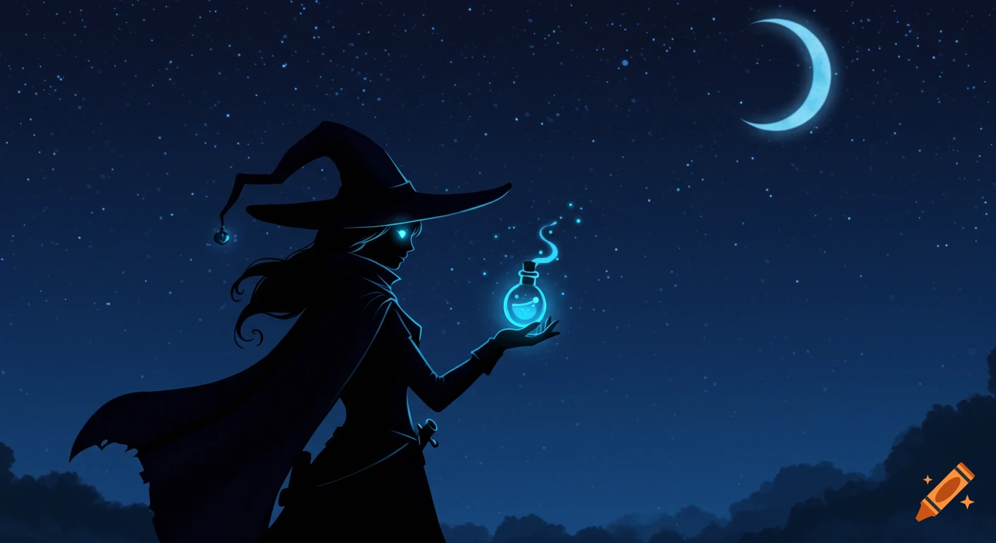 A stylized illustration of a witch silhouette holding a glowing blue potion under a dark blue, starry night sky with a crescent moon.