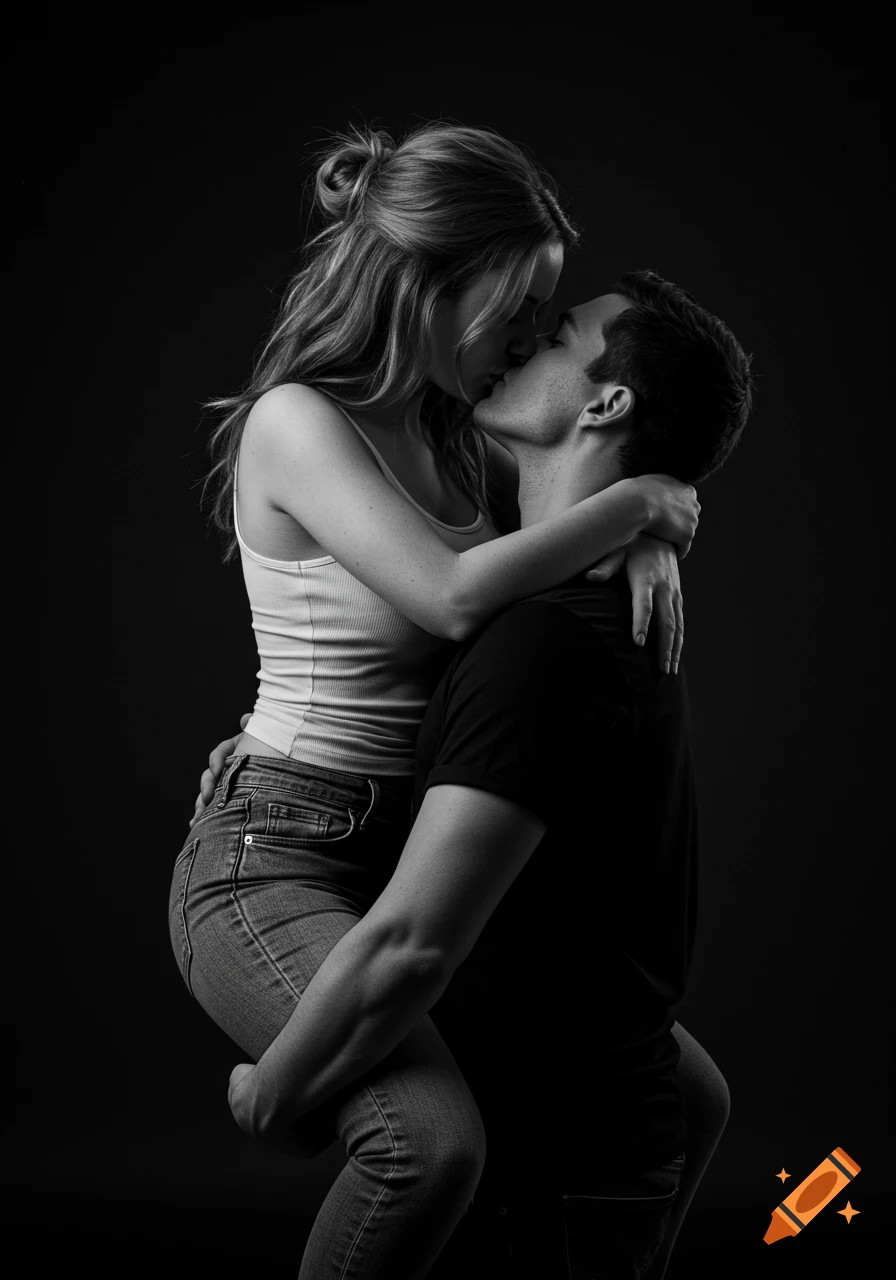 A black and white hyperrealistic studio portrait of a man and woman sharing a passionate kiss, the woman sitting on his hips.
