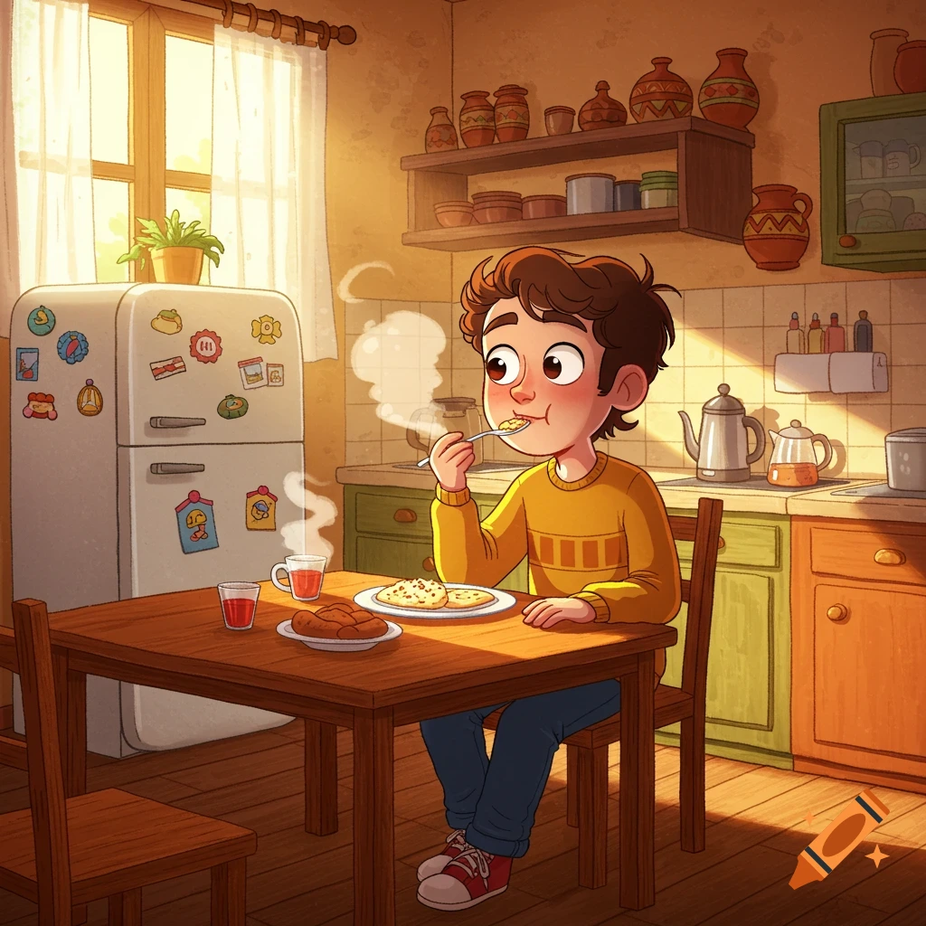 Cartoon boy in a yellow sweater eating breakfast at a wooden table in a sunny, cozy kitchen.