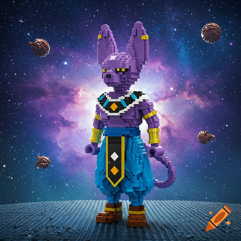 Block-style Beerus from Dragon Ball Z stands on a dark platform under a purple galaxy sky with floating asteroids.