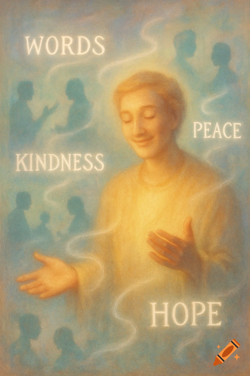 Soft, painterly image of a glowing person with closed eyes and open hands, surrounded by ethereal figures and the words WORDS, KINDNESS, PEACE, HOPE.