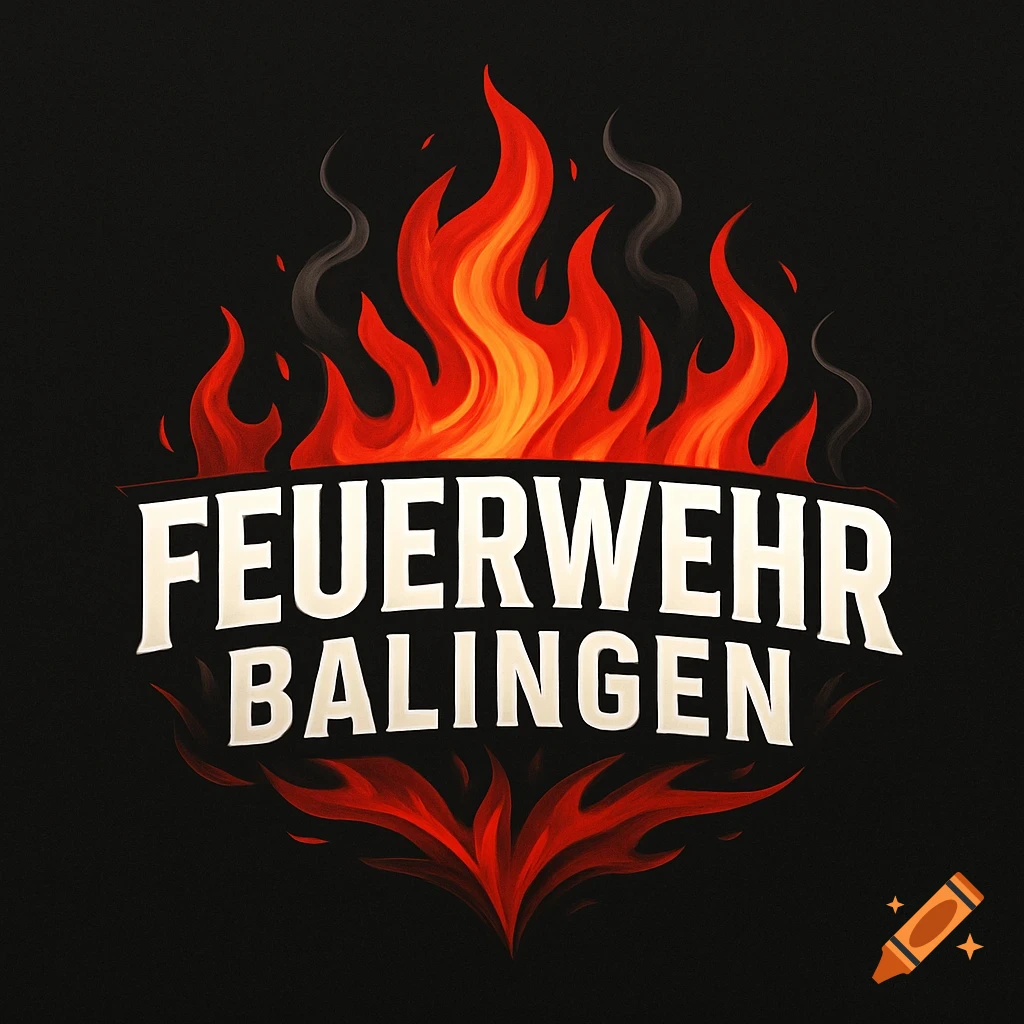 Logo with white bold text 'FEUERWEHR BALINGEN' over a stylized red and orange fire with smoke on a black background.