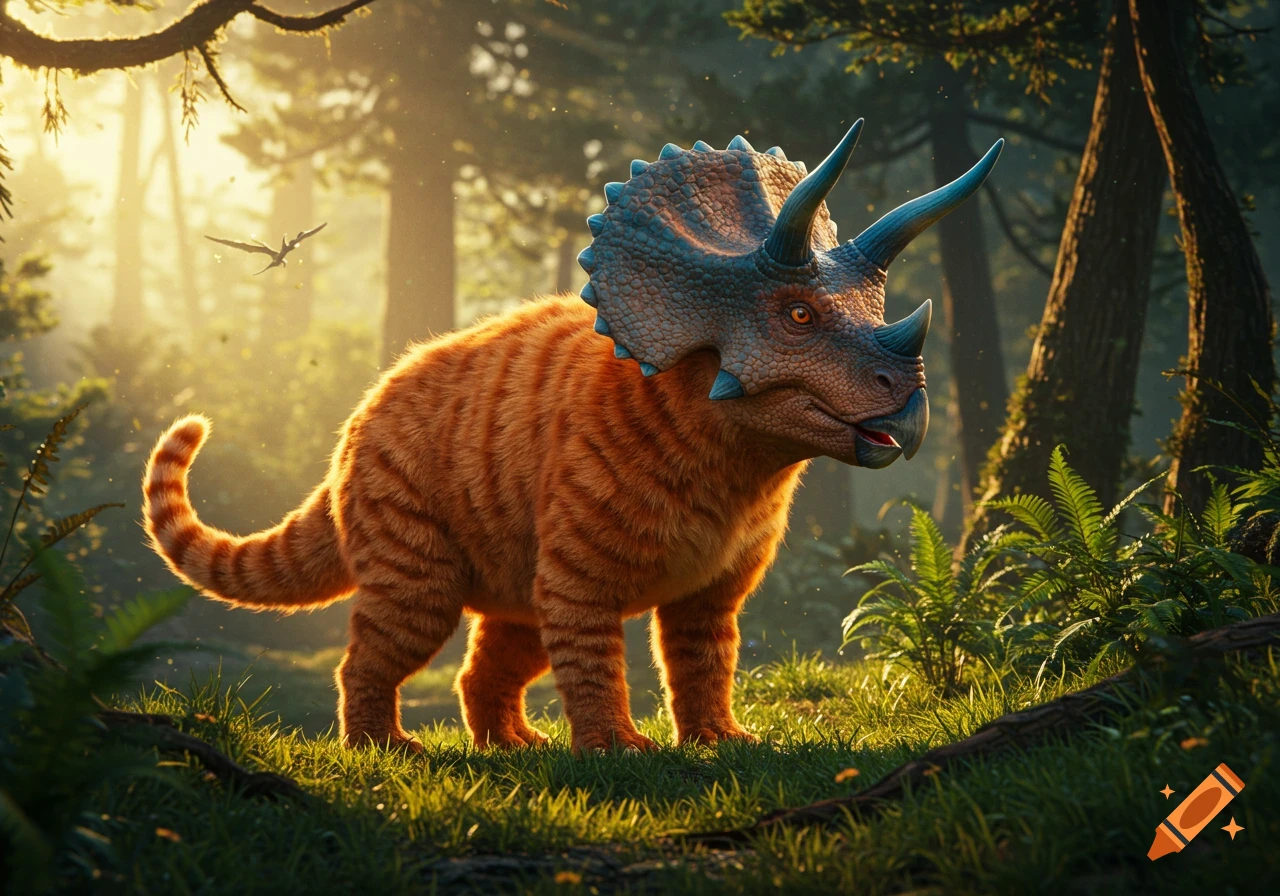 A photorealistic ginger tabby cat with a triceratops head and frill stands in a sunlit forest with ferns and tall trees.