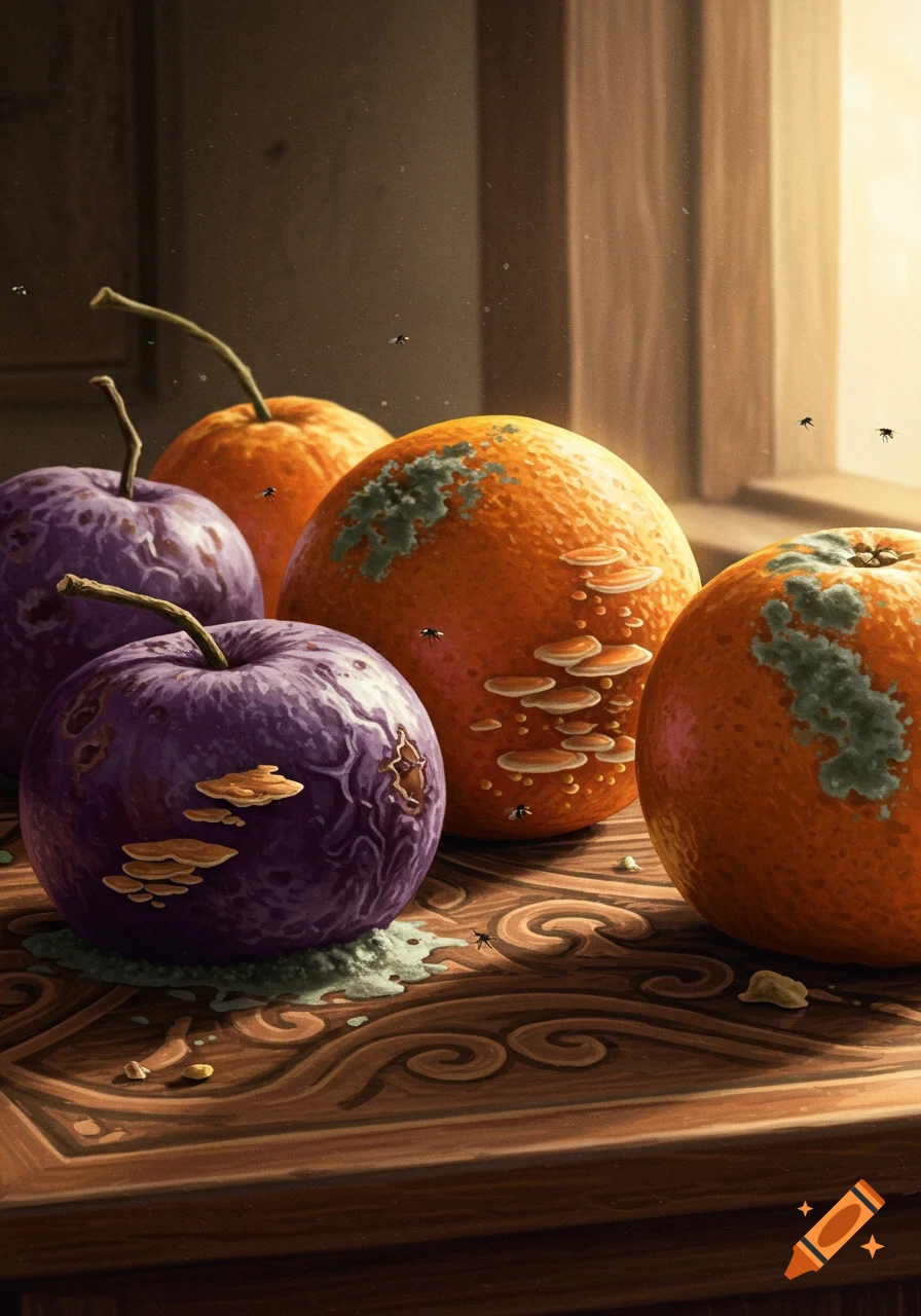 Rotting purple and orange fruits covered in mold and small mushrooms, with flies, on a carved wooden surface next to a sunlit window.