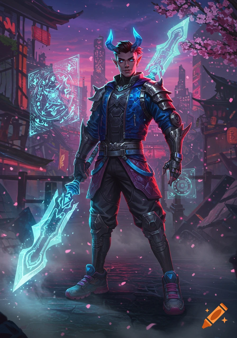 Digital art of a demon hunter with blue horns, red hair, and armor, holding a glowing blue sword in an urban fantasy street with cherry blossoms.