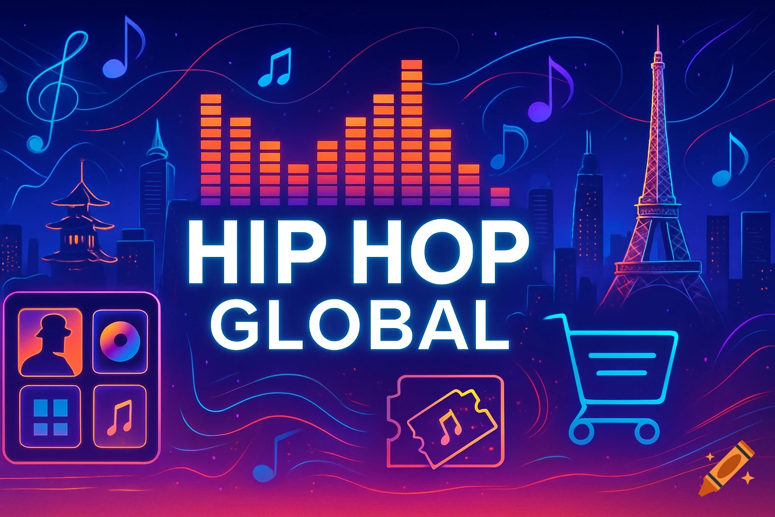 A neon-lit digital banner for "HIP HOP GLOBAL" with equalizer bars, music notes, city skylines, and icons for streaming, shopping, and events.