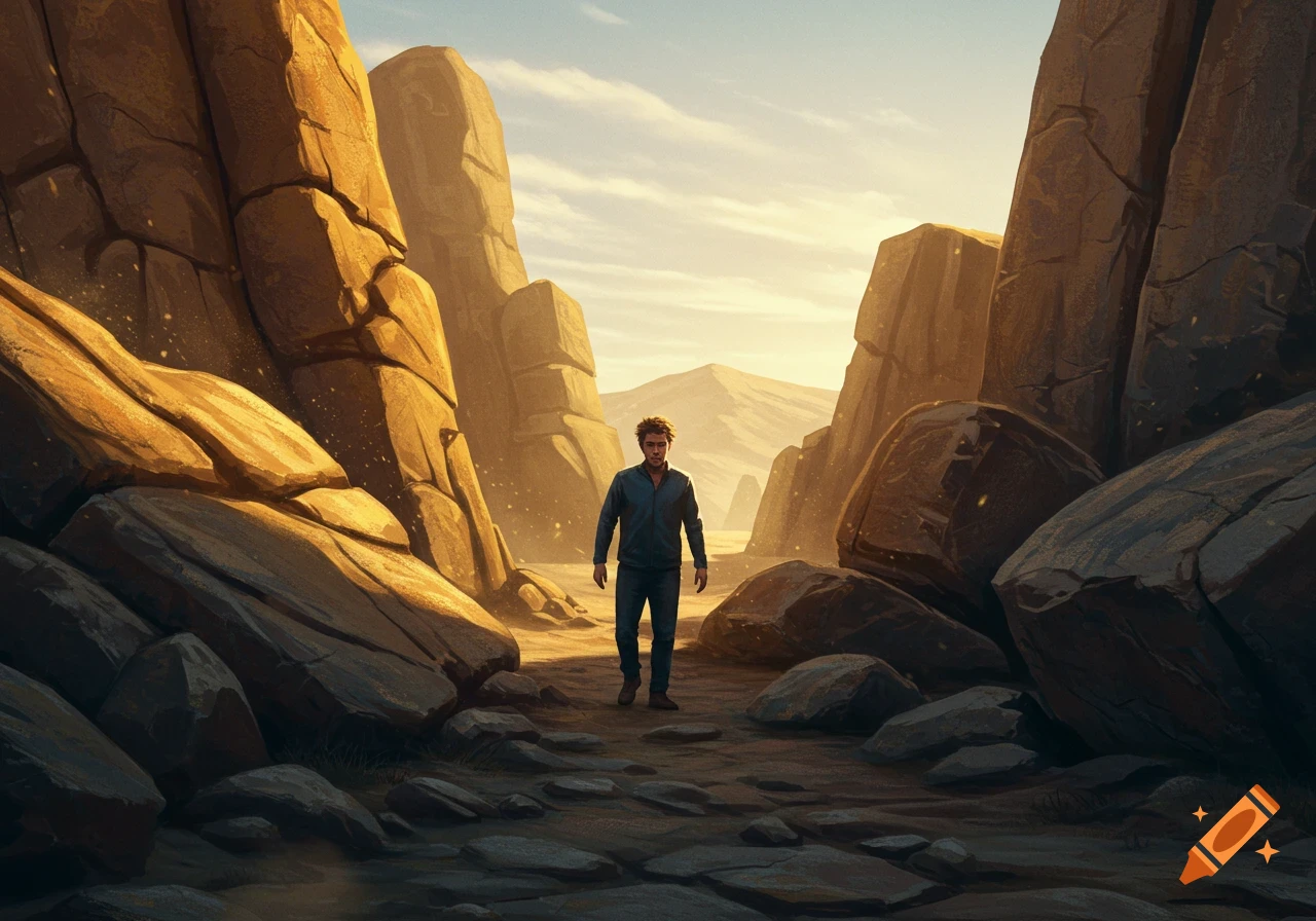 A man walks through a dramatic, sunlit rocky canyon in a digital art style.