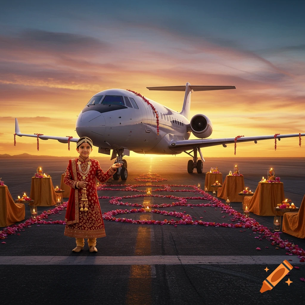 Indian boy in traditional wedding attire on an airport runway decorated with flowers and candles, a private jet behind him at sunset.