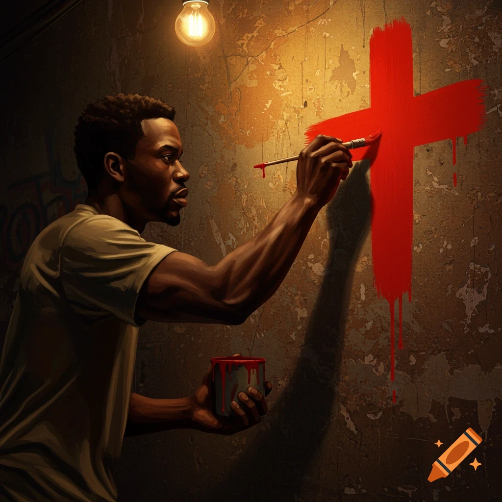 A Black man paints a large, dripping red cross on a grunge wall, holding a paintbrush and a can of red paint, lit by a single bulb.