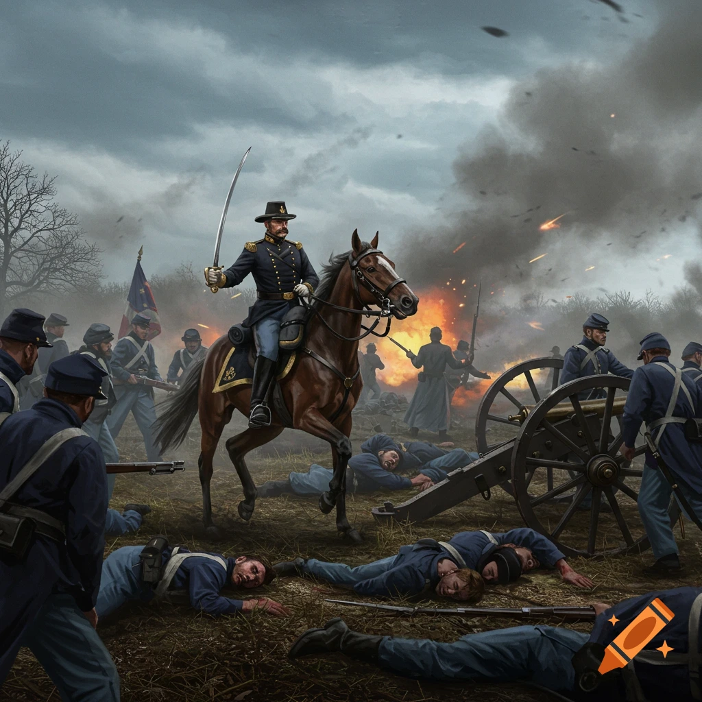 A general on horseback leads Union soldiers in a Civil War battle scene with fallen soldiers and artillery amidst smoke and fire.