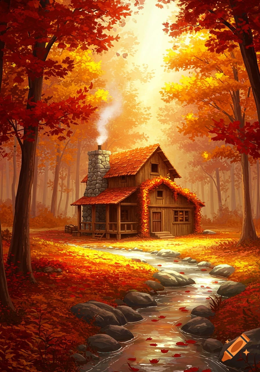 A cozy wooden cabin with a smoking chimney in a vibrant autumn forest, with a stream flowing in the foreground. Painterly style.