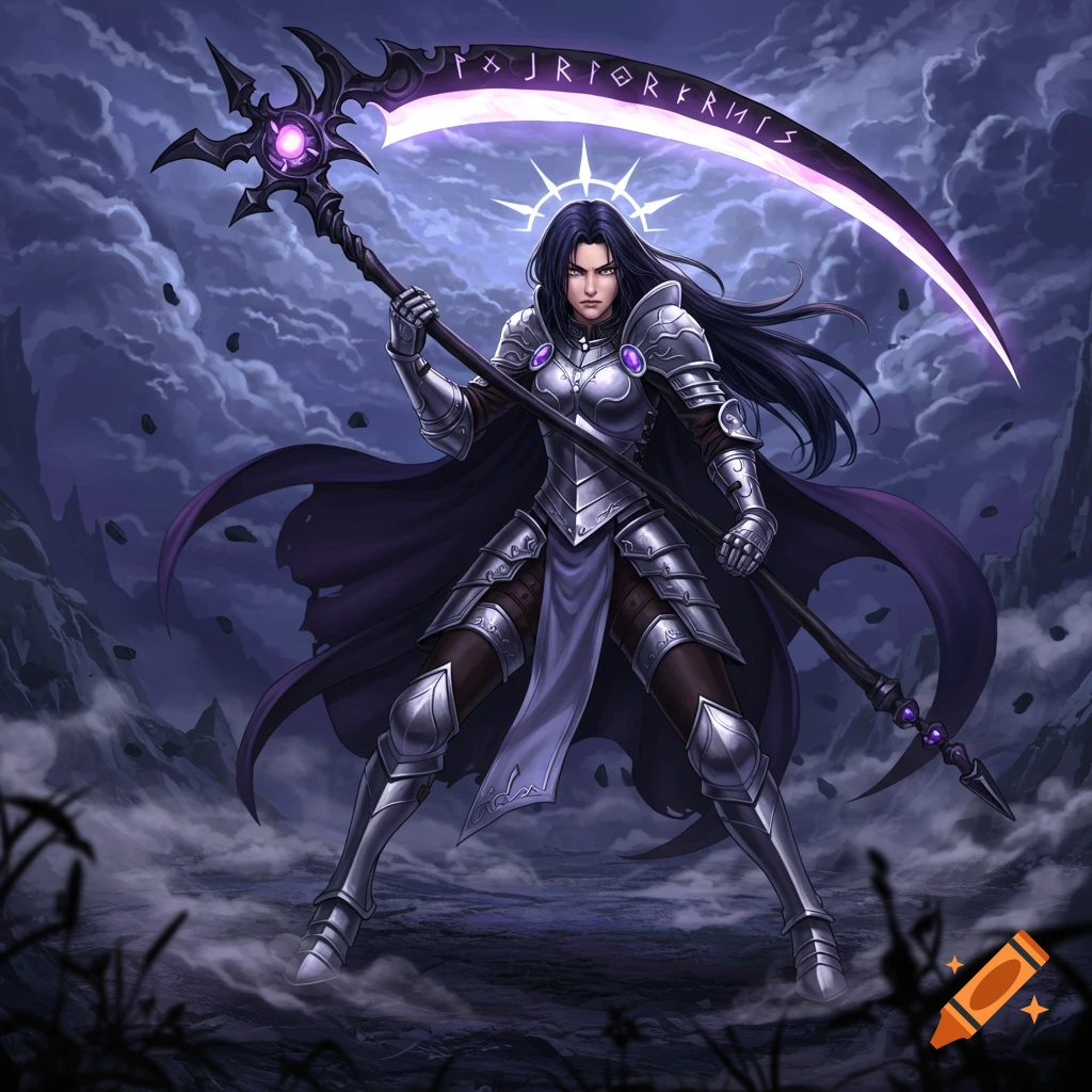 Anime-style dark fantasy warrior in silver armor holding a glowing scythe, standing in a cloudy landscape.