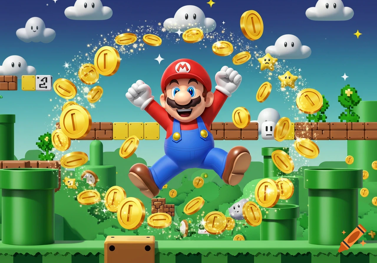 Super Mario jumps joyfully, surrounded by golden coins and stars, in a vibrant 2D platformer world.