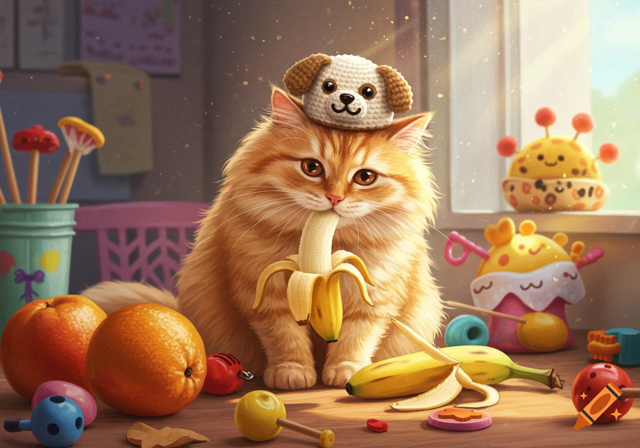 Fluffy orange cat wearing a crochet dog hat, biting into a peeled banana on a wooden table with fruit and toys.