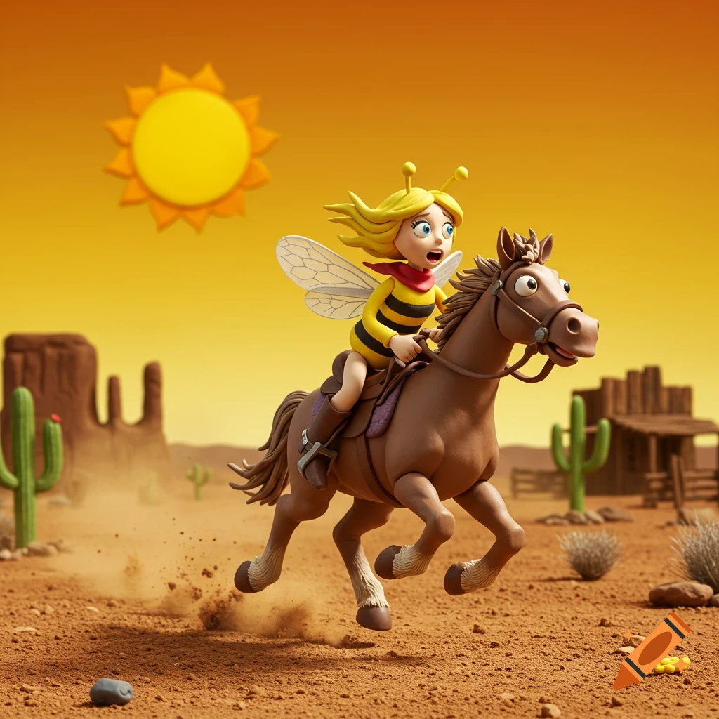 A claymation bee-girl with a fearful expression rides a running horse through a wild west desert landscape under an orange sky.