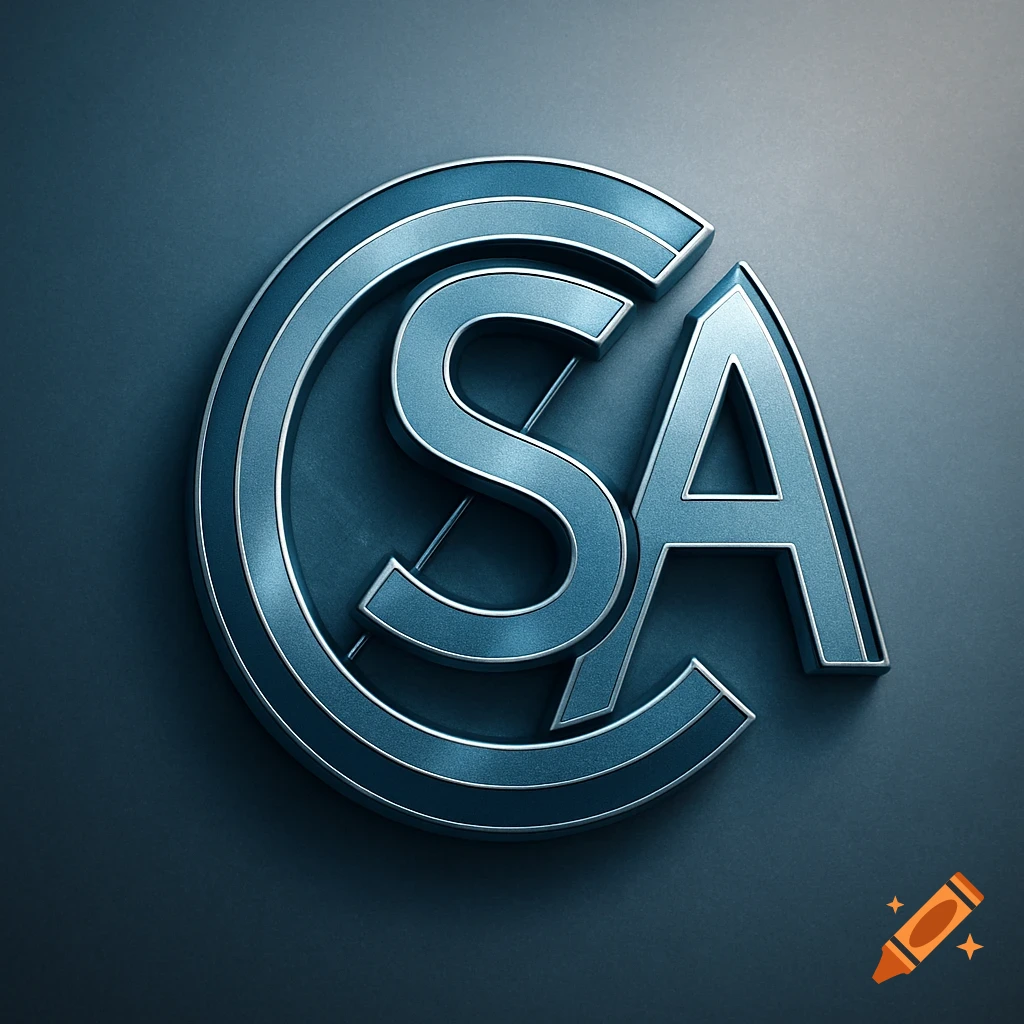 A metallic 3D logo featuring the letters 'CSA' in silver and blue on a dark background.