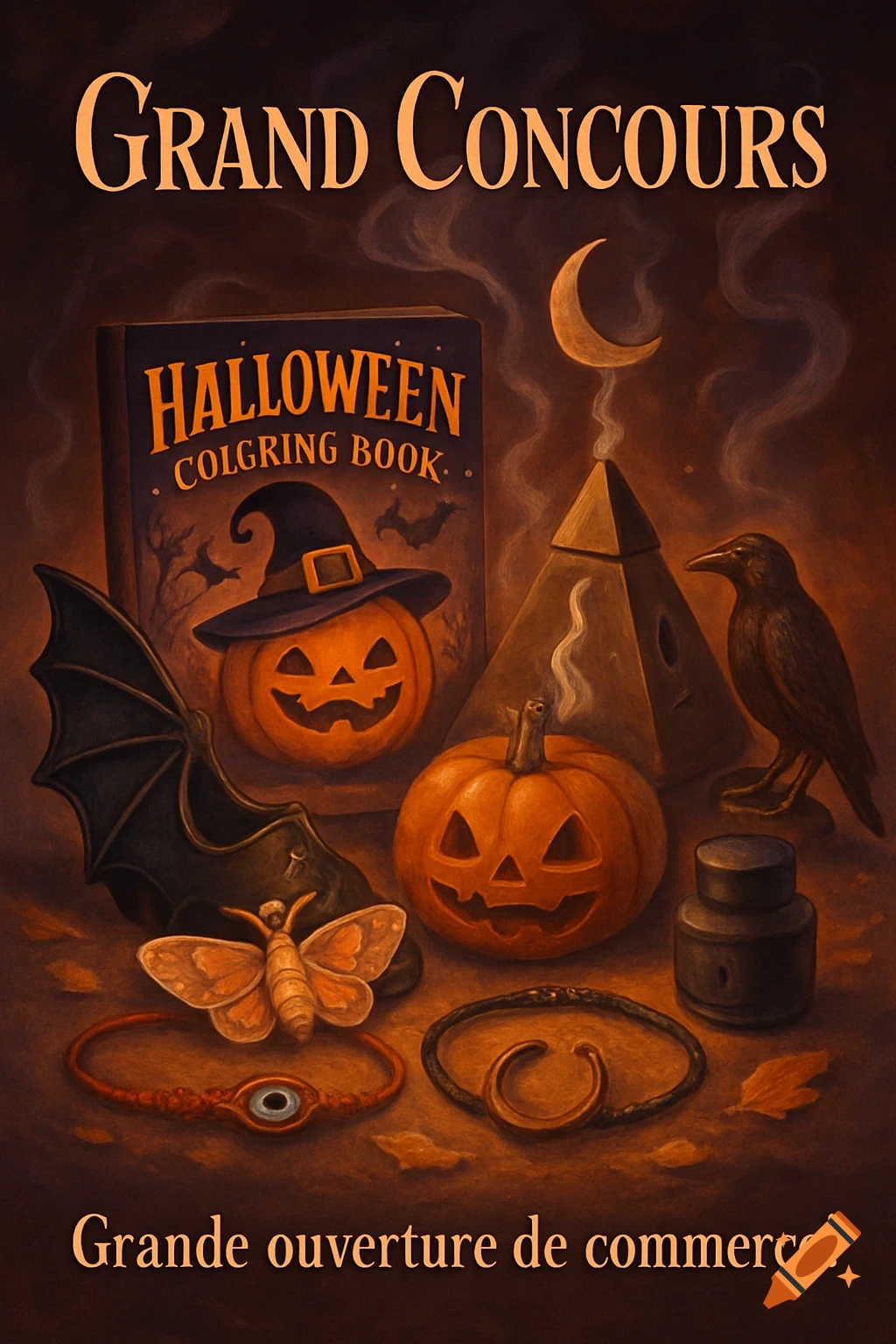 A dark, illustrated Halloween still life with pumpkins, a book, a crow, a bat wing, and mystical items. Text reads 'Grand Concours' and 'Grande ouverture de commerce!'.
