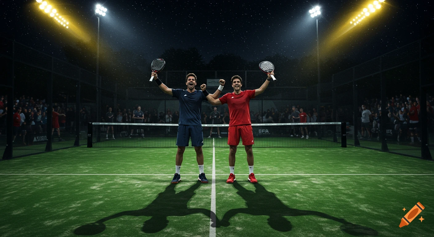 Two smiling male padel players celebrate victory on a lit court at night, holding rackets aloft.