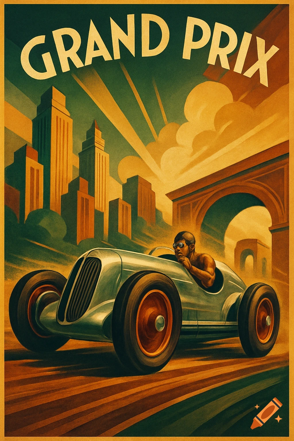 Art Deco vintage Grand Prix racing poster with a driver in a race car speeding past city buildings.